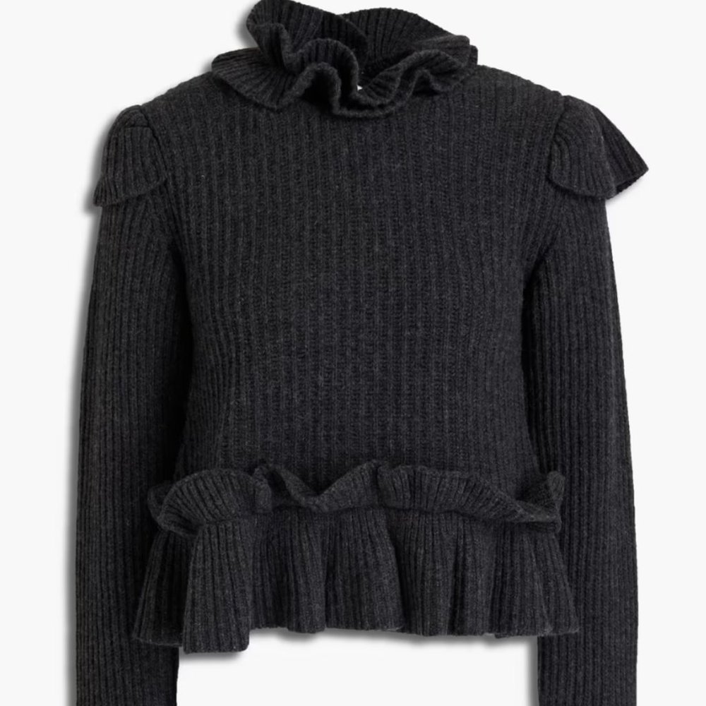 Ganni open-back ruffled ribbed wool-blend sweater